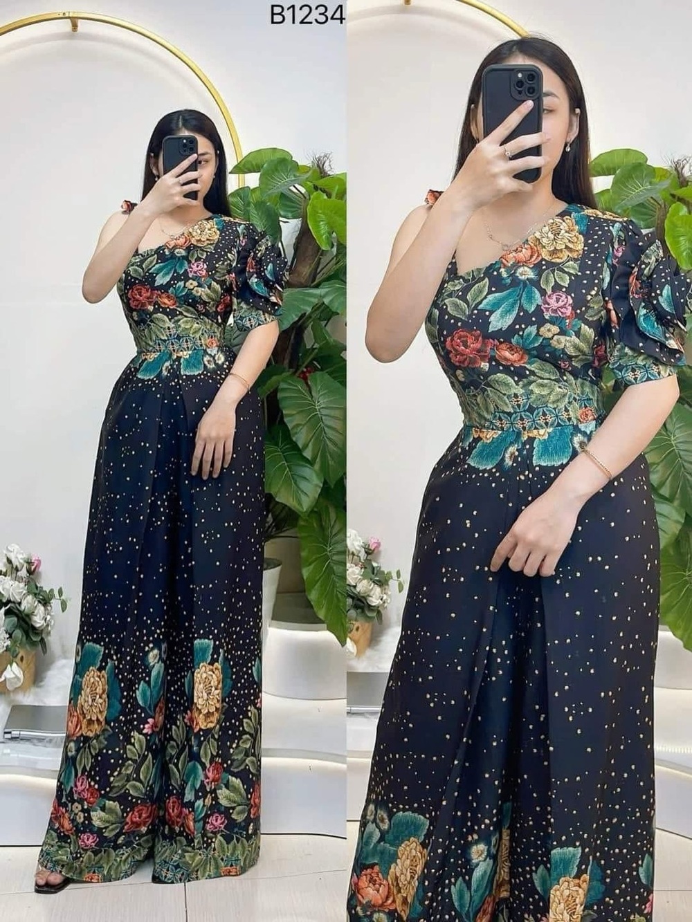 Floral One-Shoulder Wide-Leg Jumpsuit - Black